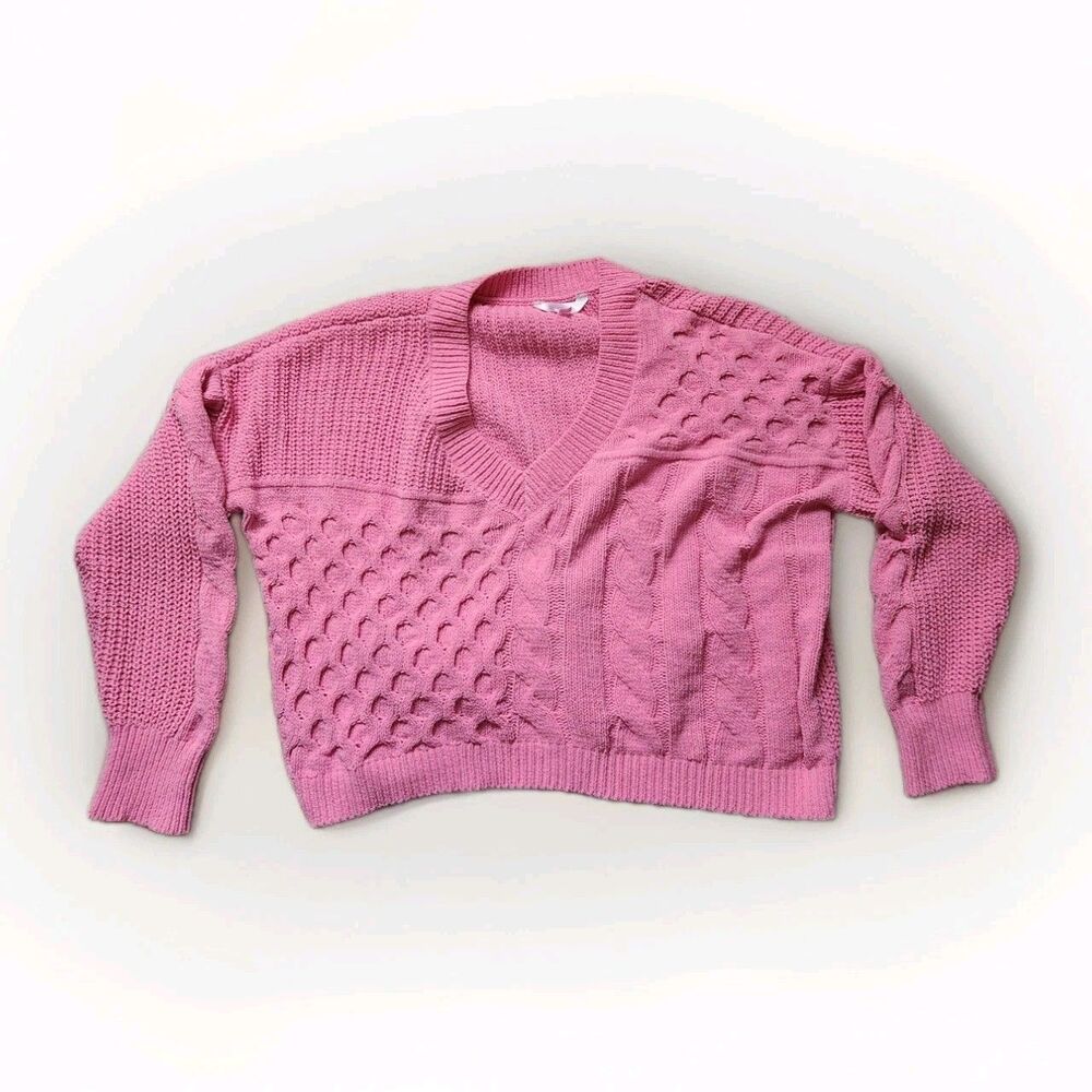 No Boundaries Patchwork Chunky Knit Sweater V Neck Pink Long Sleeve Jrs 3XL GUC - Picture 1 of 8